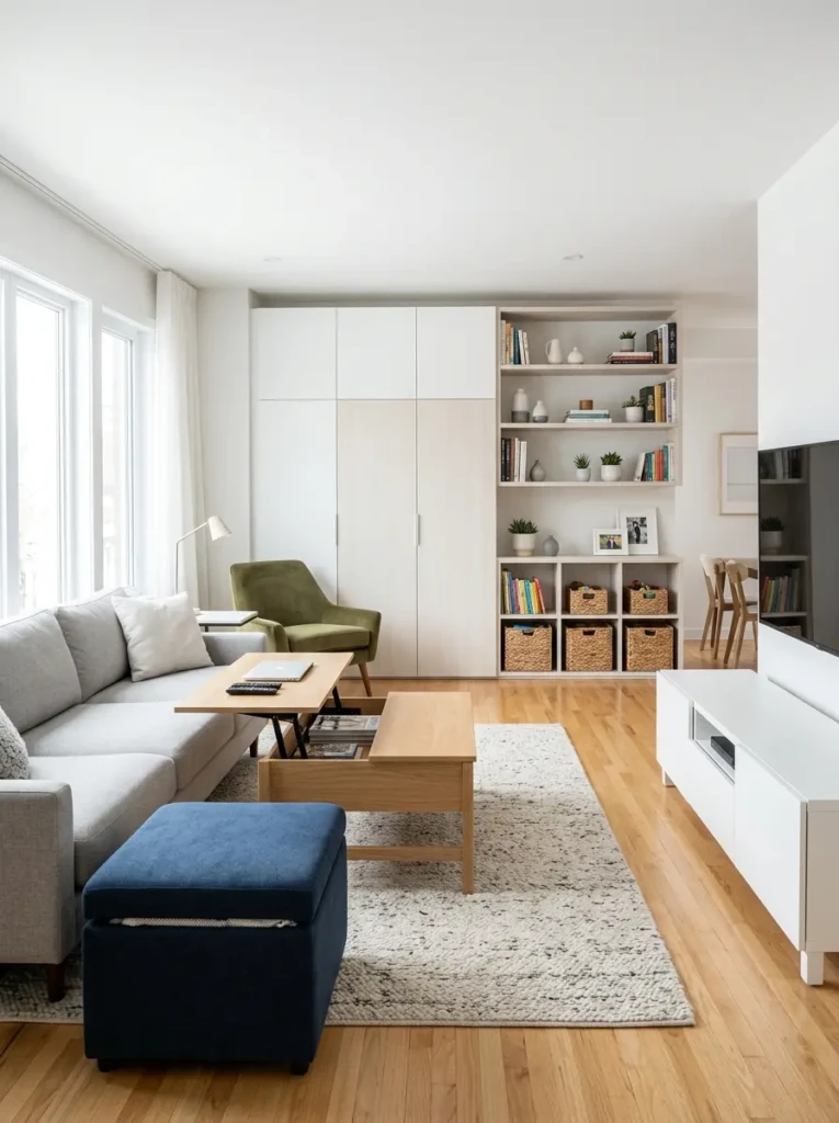A clutter-free living room with decorative storage solutions like cabinets, baskets, and shelves.