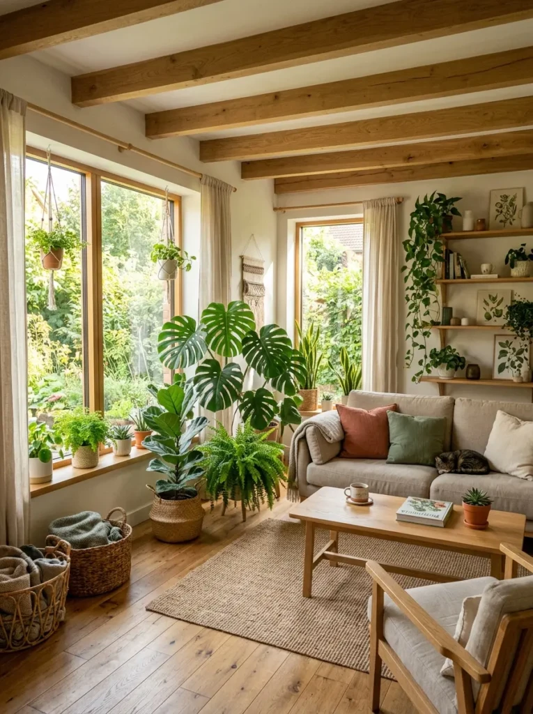 A fresh living room filled with indoor plants and natural elements creating a calming atmosphere.