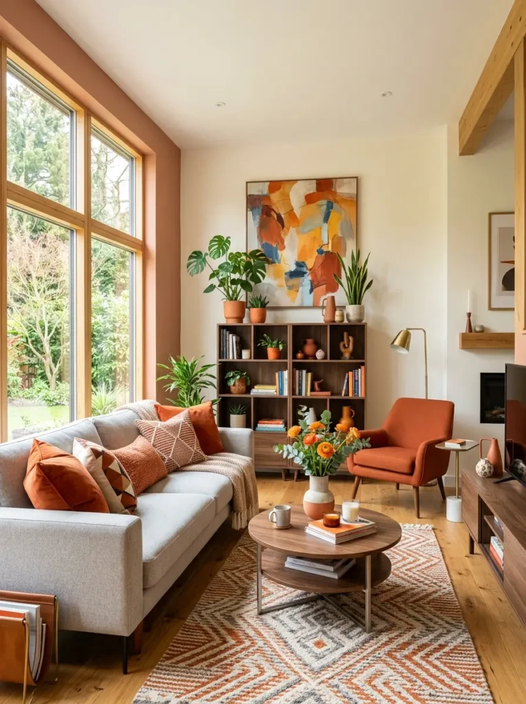 A vibrant living room featuring orange accents, cushions, and decor elements creating a warm and energetic atmosphere.