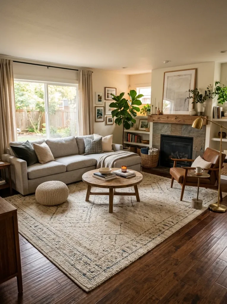 A living room with a large area rug and stylish flooring enhancing the overall decor.