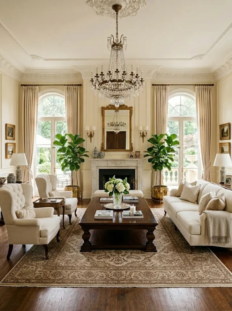 Symmetrical formal living room with cream sofa, matching chairs, elegant coffee table, and chandelier.