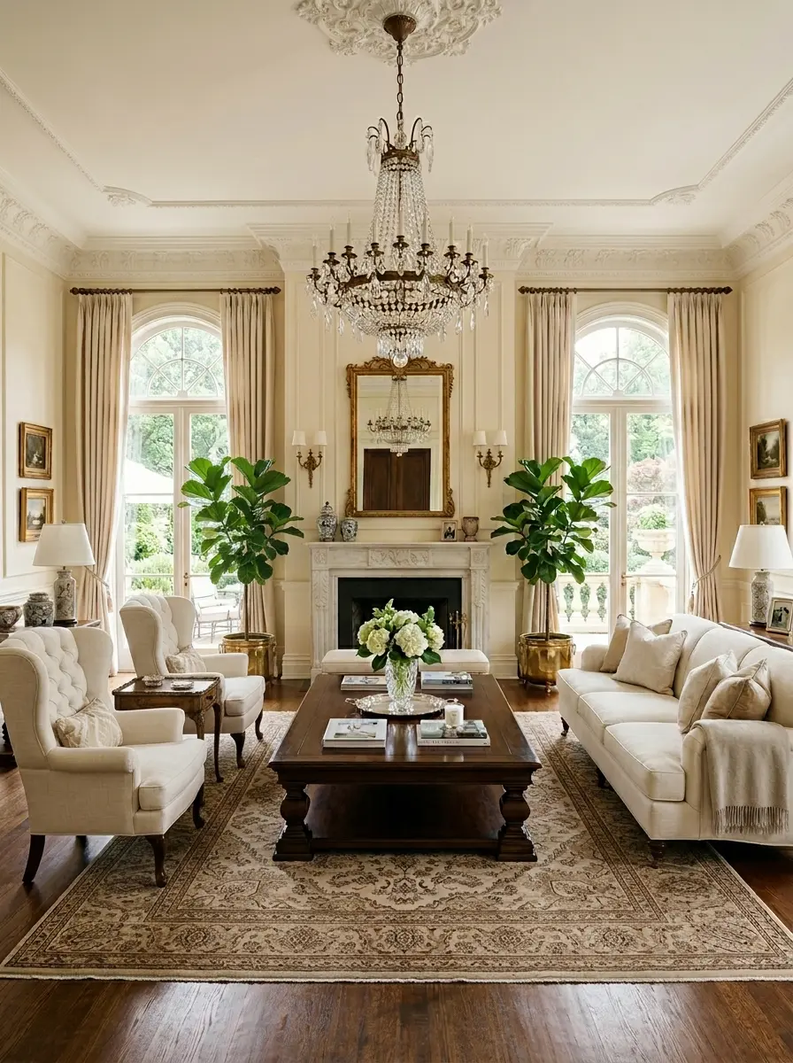Symmetrical formal living room with cream sofa, matching chairs, elegant coffee table, and chandelier.