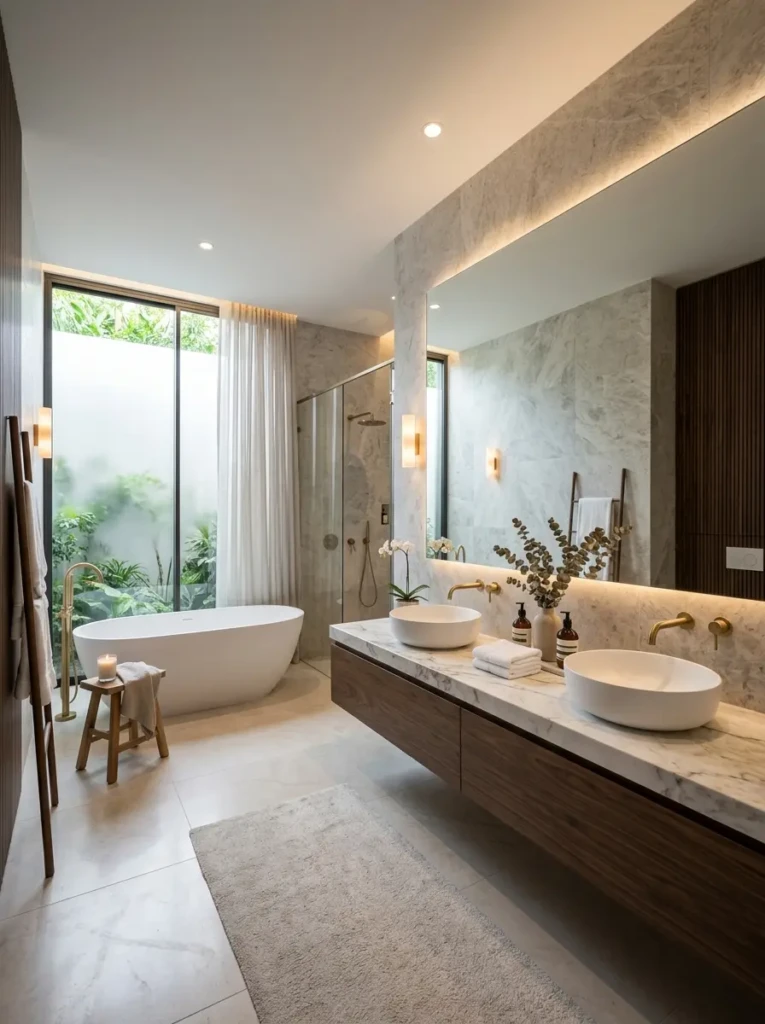 A sleek modern bathroom featuring a floating vanity, neutral tones, and minimalist decor creating a spa-like atmosphere