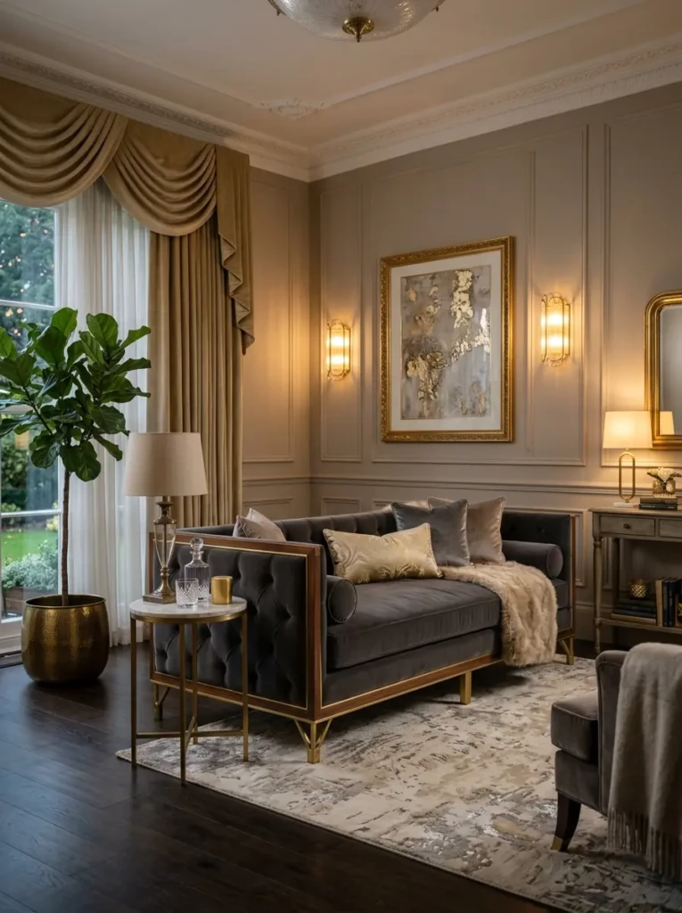 Sophisticated room with upholstered velvet daybed, gold accents and elegant decor