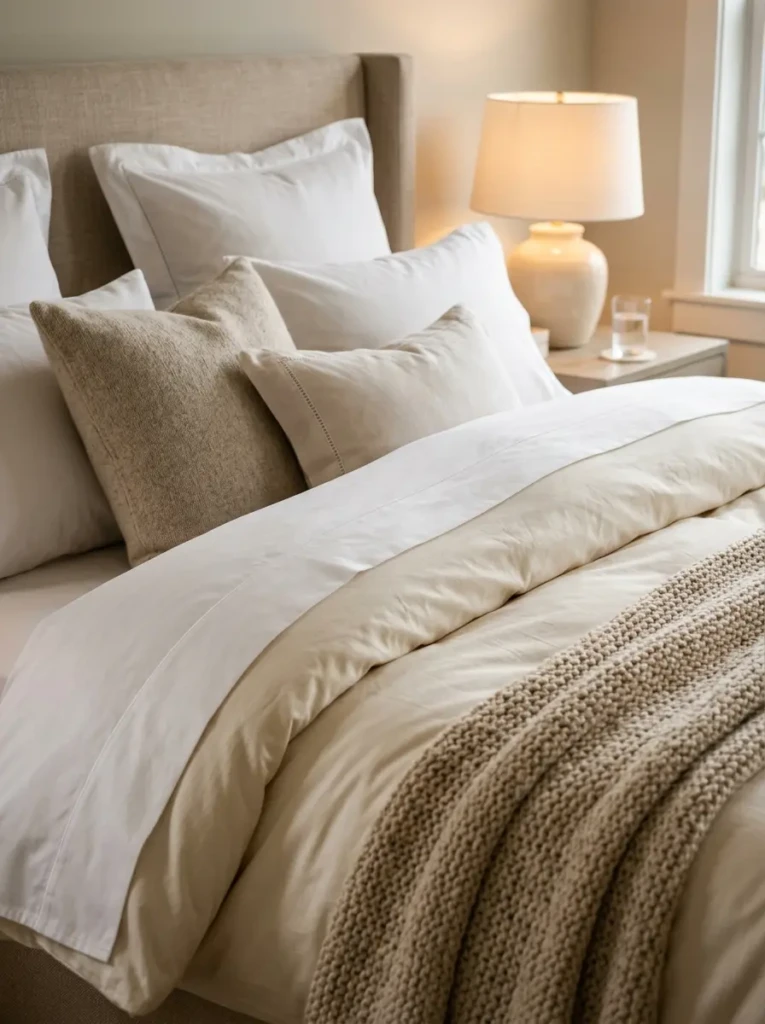 Plush bed with high-thread-count sheets, layered pillows, and cozy textures.