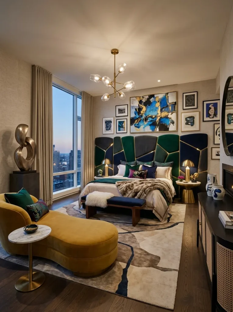 Bedroom featuring bold headboard and artistic decor as a focal point.