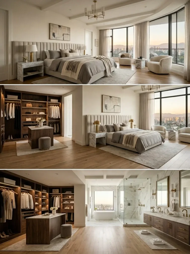 Spacious modern luxury bedroom design master suite with walk-in closet and ensuite bathroom layout.