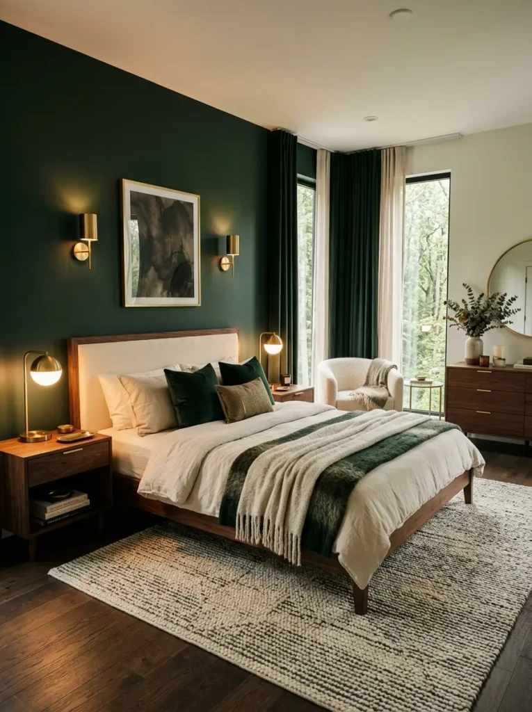 Luxury modern bedroom with forest green accent wall, brass lamps, walnut furniture, and cream bedding.