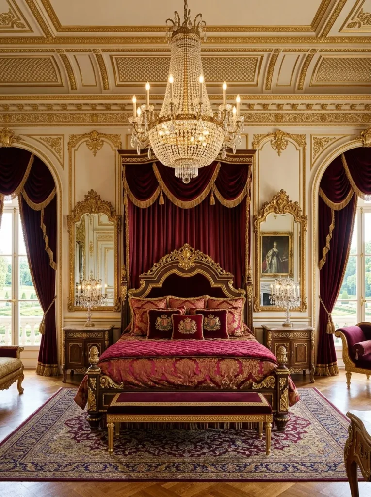 Royal luxury bedroom design with crystal chandelier, gold accents, velvet curtains, and ornate carved furniture.