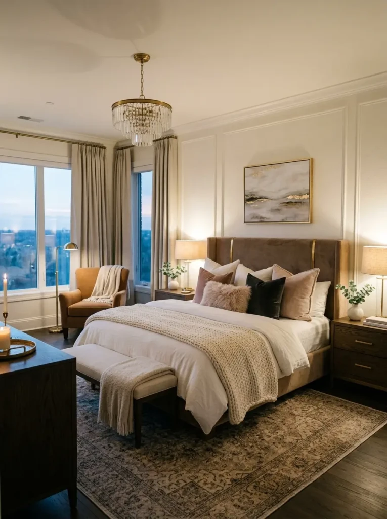 Luxury bedroom combining stylish decor with soft textures and warm inviting elements.