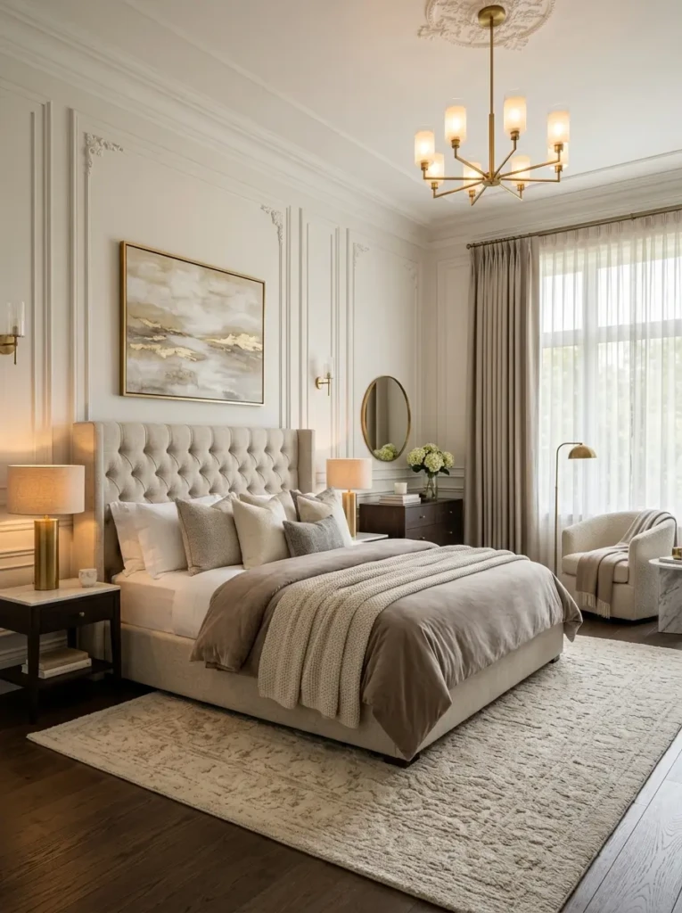 Elegant luxury bedroom master with upholstered bed, plush rug, soft lighting, and sophisticated neutral decor.