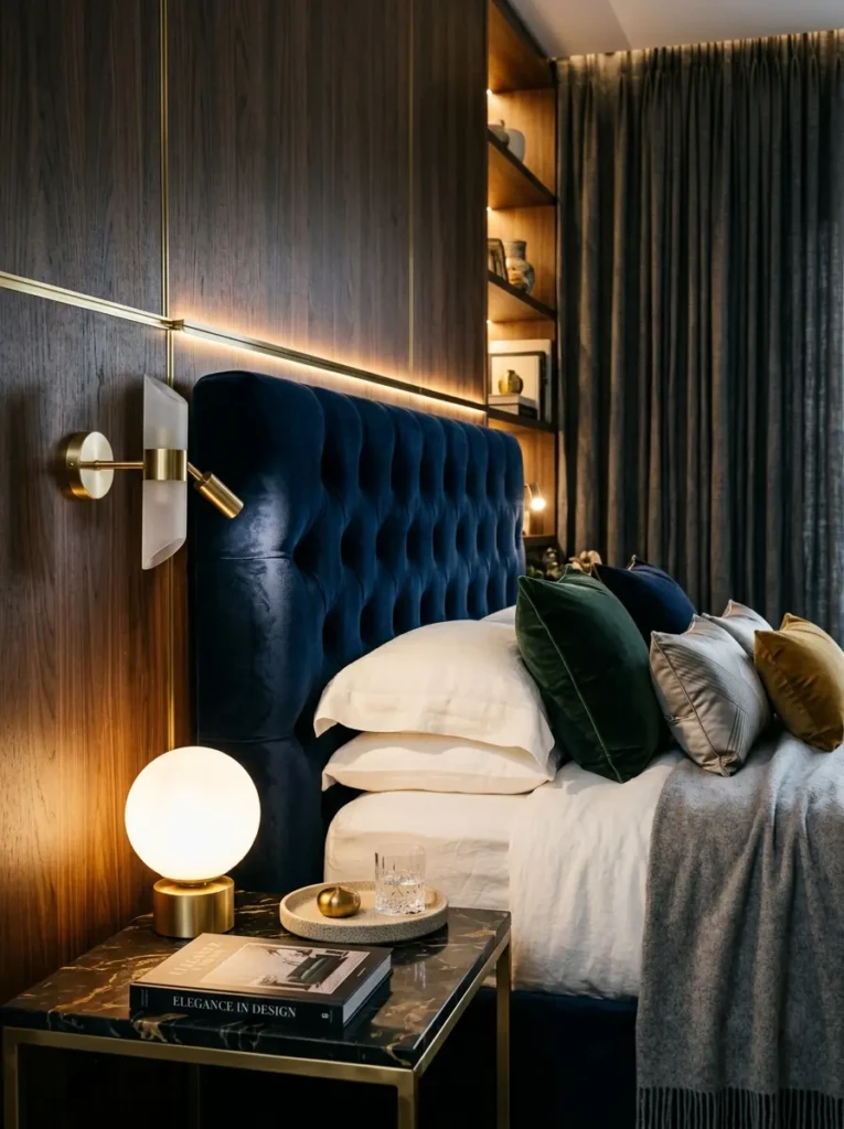 Close-up of premium materials, velvet textures, and designer elements in a luxury bedroom.