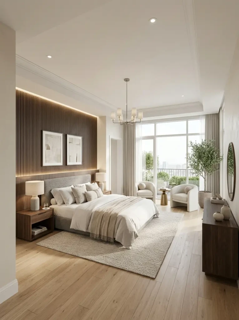 Well-organized luxury bedroom with balanced furniture placement and open airy space.