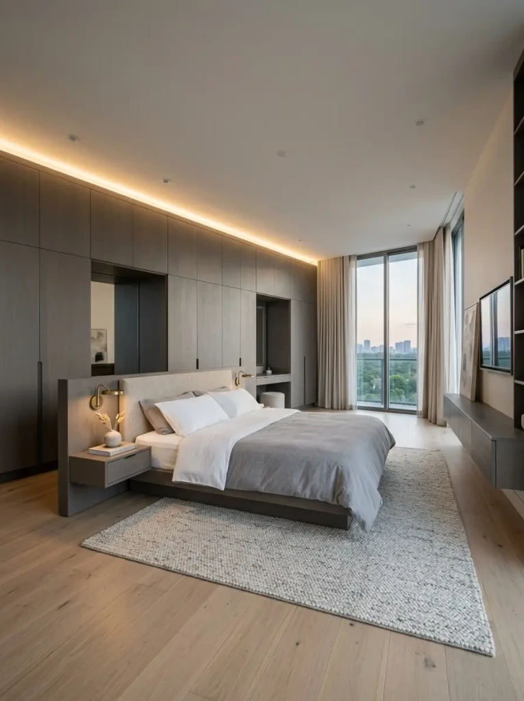 Bedroom with built-in wardrobes and hidden storage for a clean and organized look.