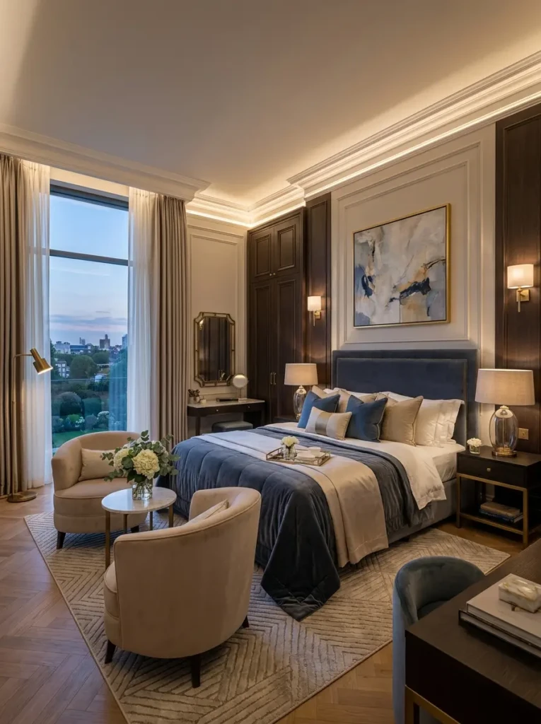 Perfectly designed luxury bedroom with harmonious decor, elegant furniture, and peaceful ambiance.