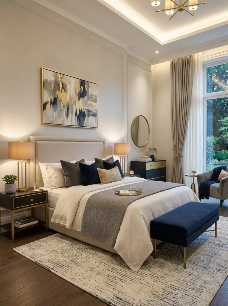 Luxury bedroom featuring beige, gray, and navy tones with a calm and elegant color scheme.