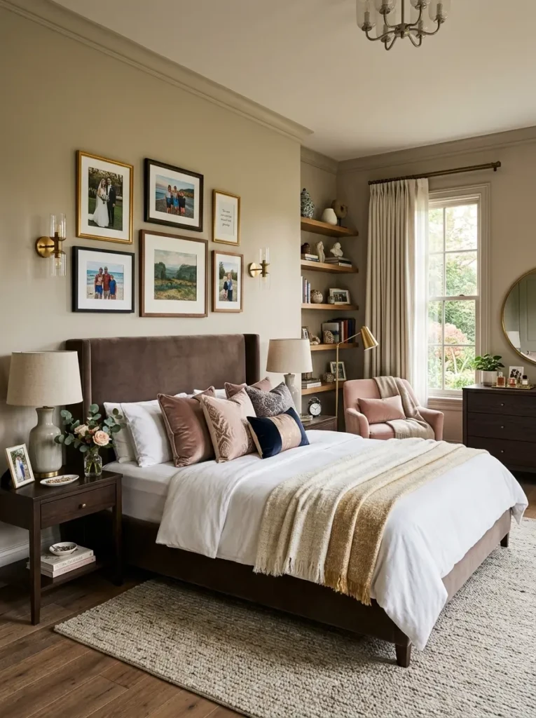 Bedroom styled with artwork, photos, and decorative accessories for a personal touch.