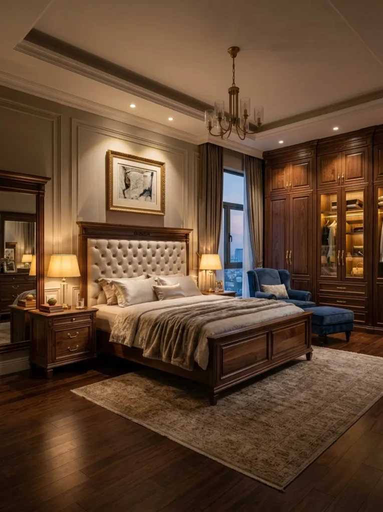 Luxury bedroom showcasing solid wood furniture and upholstered headboard with elegant finish.