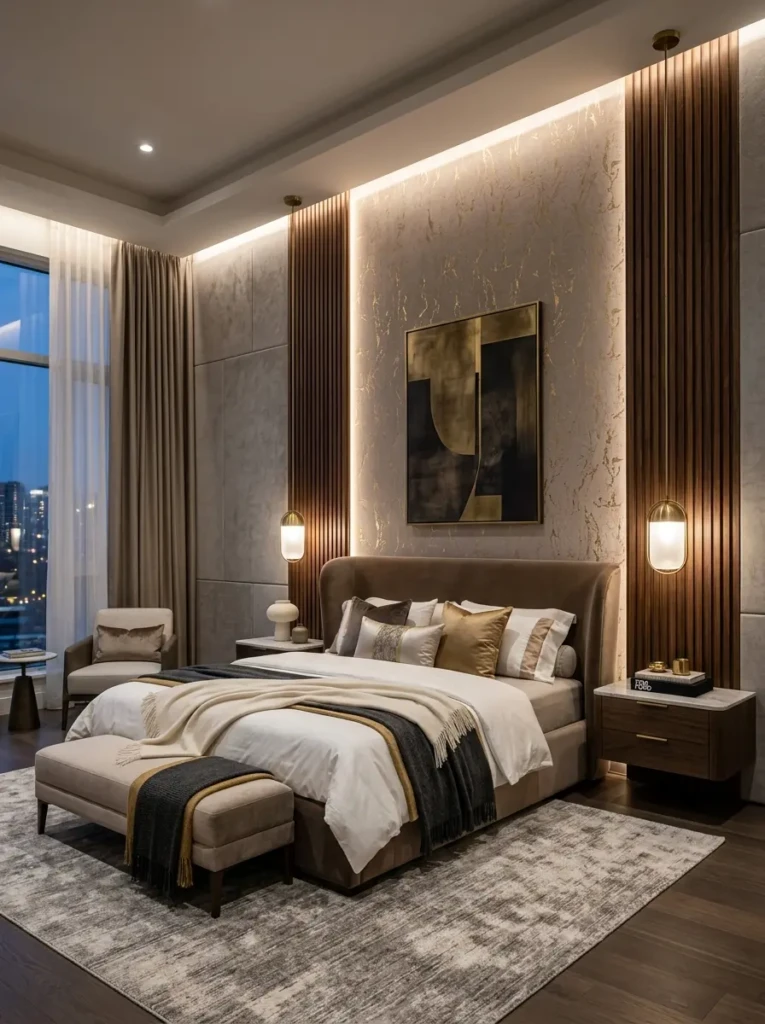 Luxury bedroom master with elegant textured statement wall behind the bed and soft lighting.