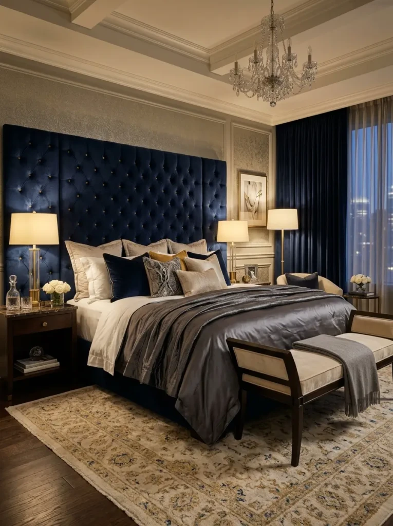 Luxury bedroom master featuring oversized velvet headboard, king bed, layered pillows, and elegant bench.