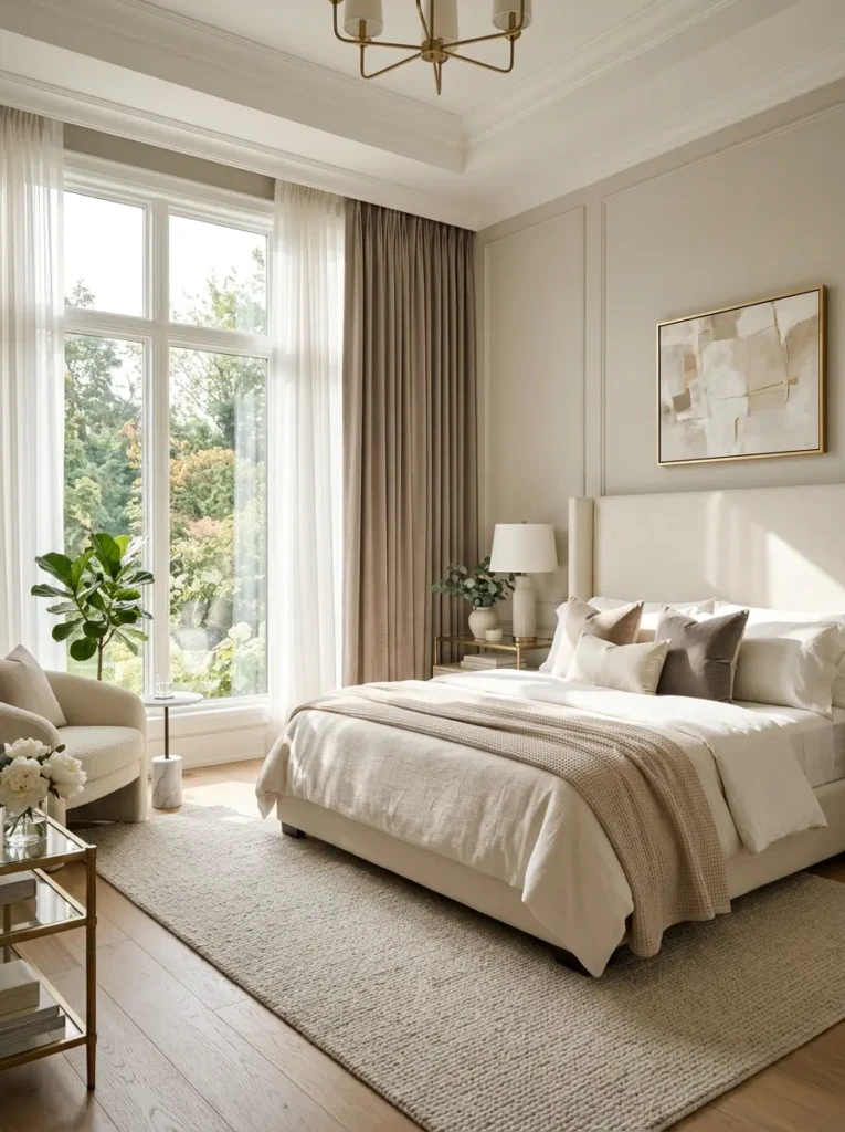 Luxury bedroom master with floor-to-ceiling curtains, sheer drapes, and bright natural sunlight.