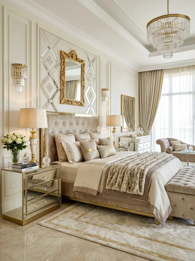Luxury bedroom master with gold metallic accents, mirrored furniture, and glass decor styling.