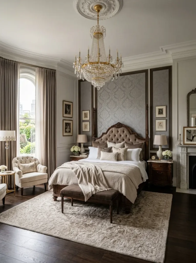 Timeless luxury bedroom master blending royal luxury bedroom design with modern elegant finishes.