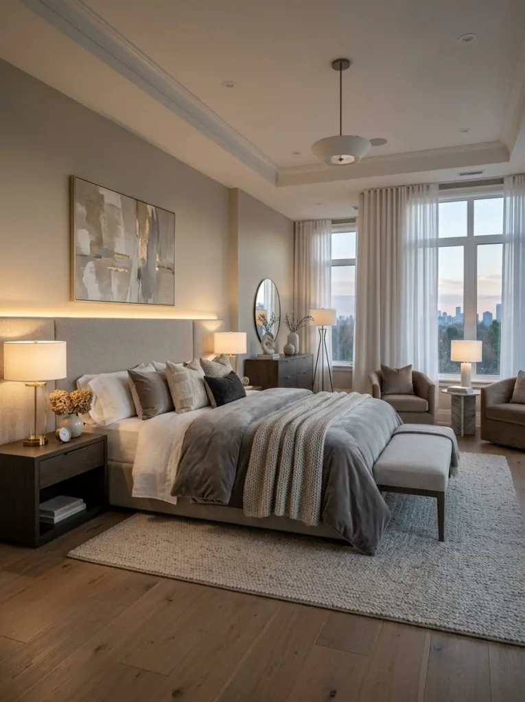 A spacious luxury bedroom with soft lighting, neutral tones, and elegant high-end decor.