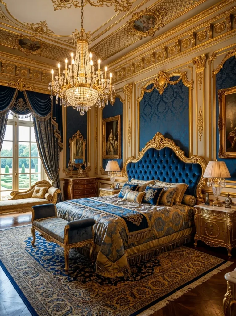 Opulent bedroom with gold accents, chandelier, velvet headboard, and regal decor details.