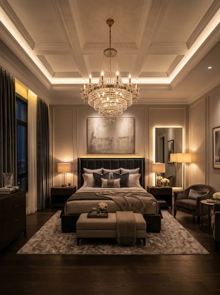 Bedroom illuminated with chandelier, bedside lamps, and layered ambient lighting.