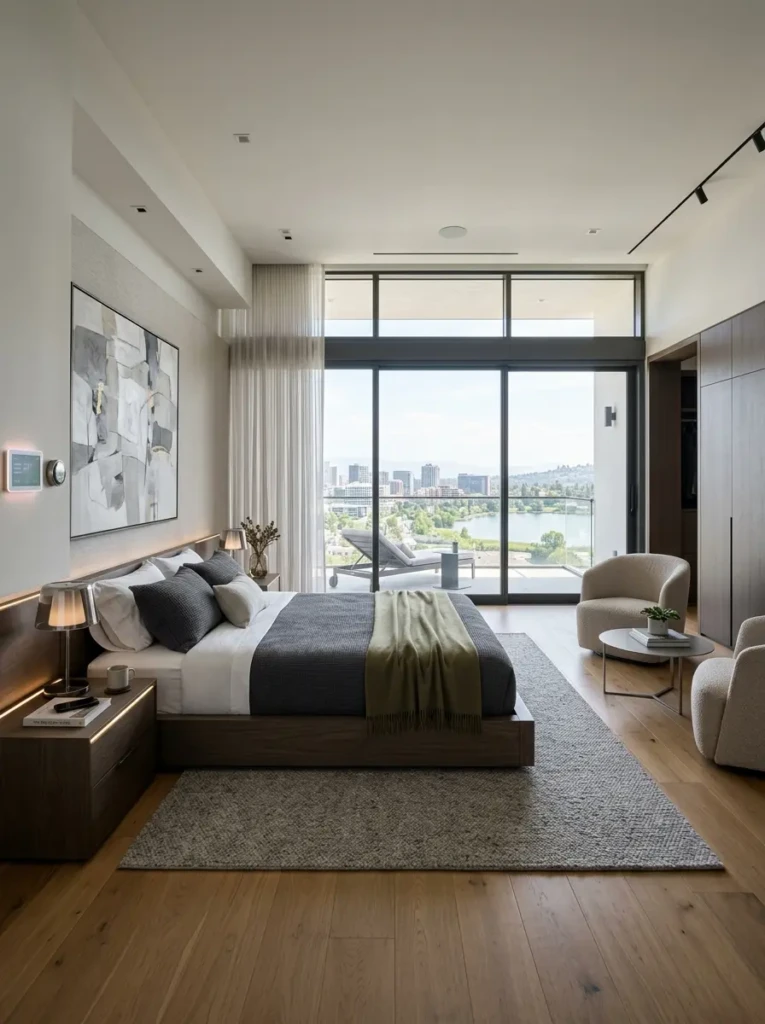 Sleek master suite with minimalist decor, smart features, and large windows.