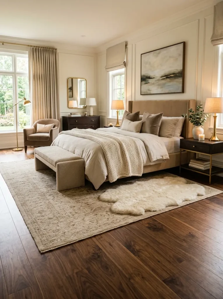 Luxury bedroom with hardwood flooring and layered rugs adding warmth and texture.