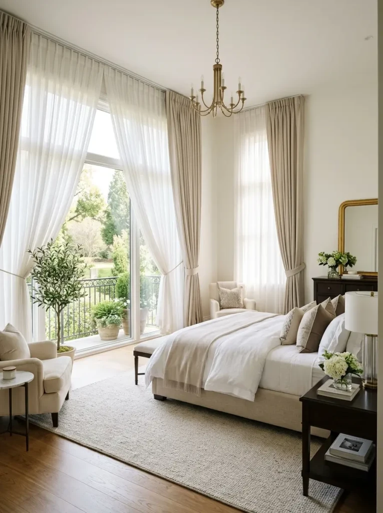 Floor-to-ceiling curtains with sheer layers allowing soft natural light into the room.