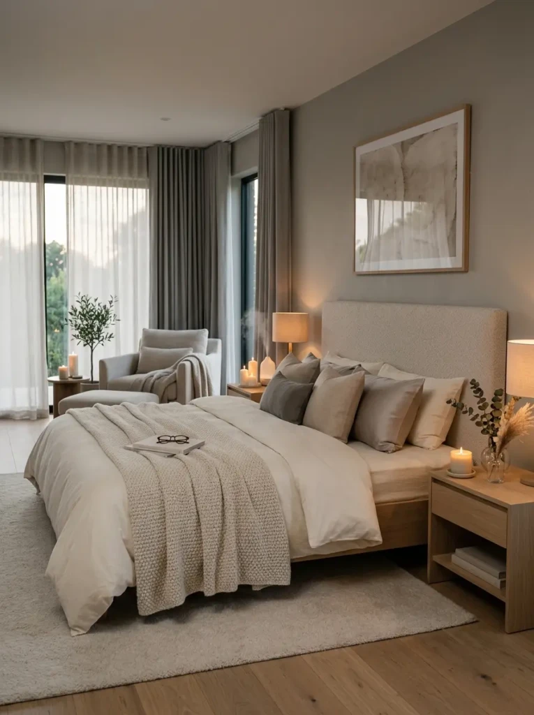 Calm bedroom with soft lighting, neutral tones, and relaxing spa-like ambiance.