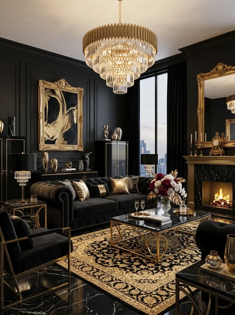 luxurious black living room with velvet sofa, chandelier, and gold accents creating an opulent look