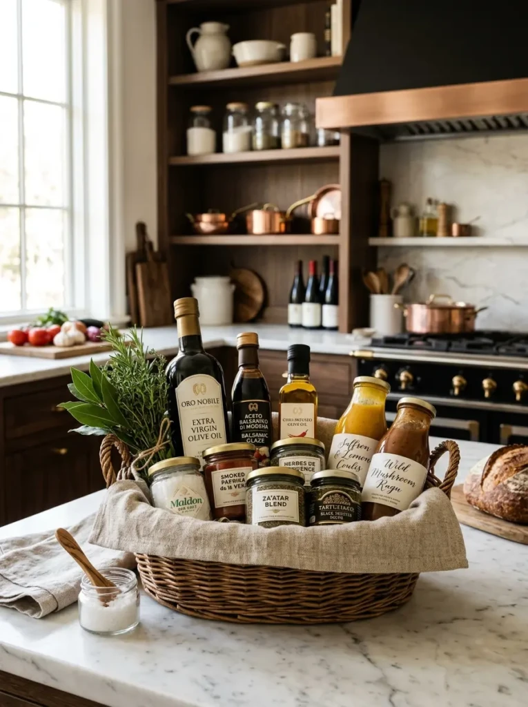 A premium cooking basket with olive oil, spices, and sauces arranged in an elegant kitchen