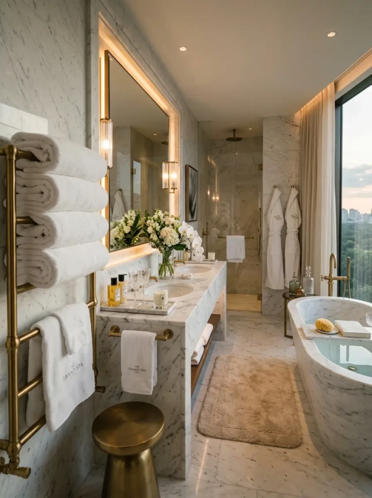 perfectly folded towels arranged in elegant hotel style bathroom setting