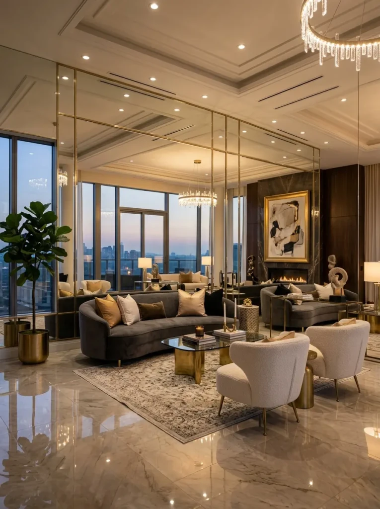 Modern living room featuring mirrored wall panels creating a luxurious and spacious look