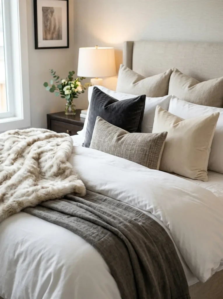 Close-up of layered bedding in a luxury bedroom master with velvet cushions, duvet, and faux fur throw.
