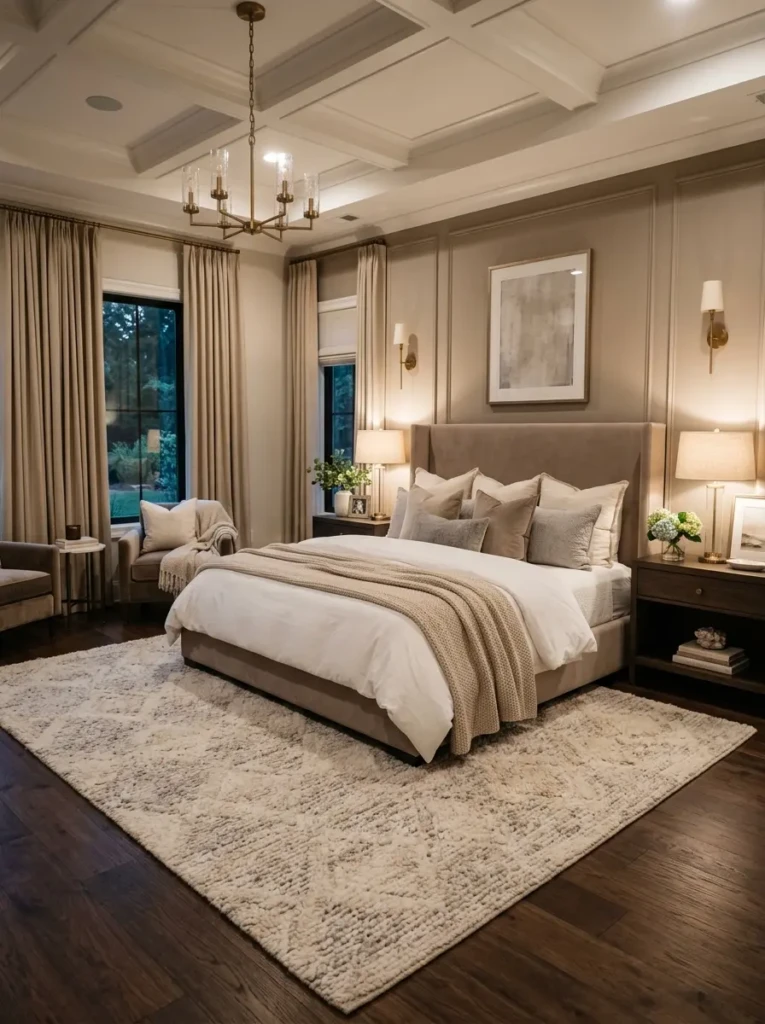 Soft plush area rug under a king bed in a warm and elegant luxury bedroom master.