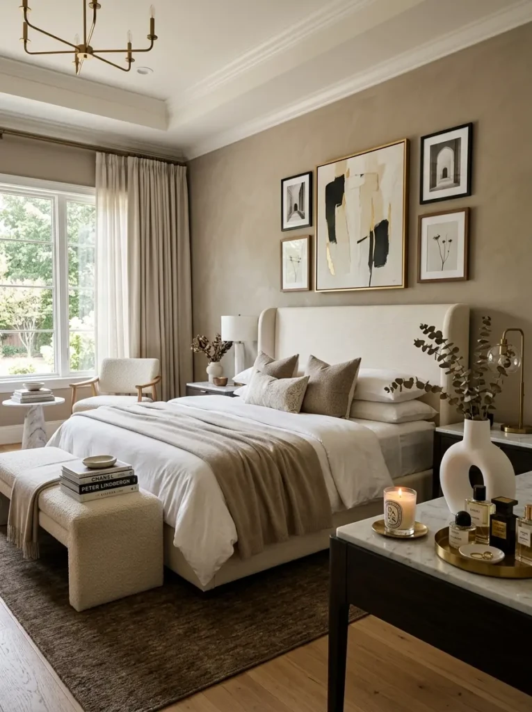 Luxury bedroom master styled with wall art, candles, sculptural vase, and elegant decor accessories.