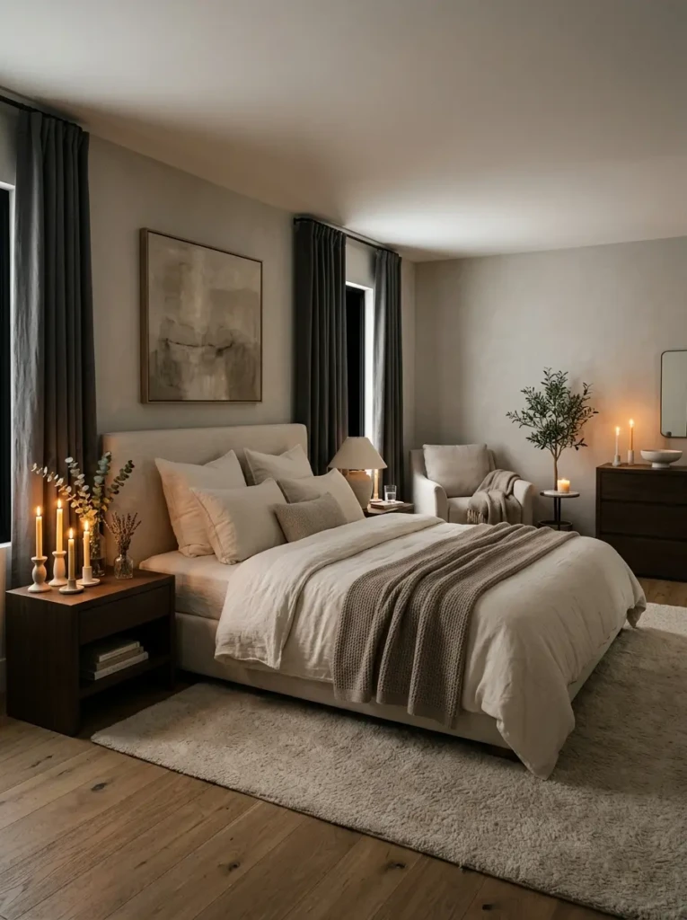 Calm spa-like luxury bedroom master with candles, blackout curtains, and soothing neutral decor.