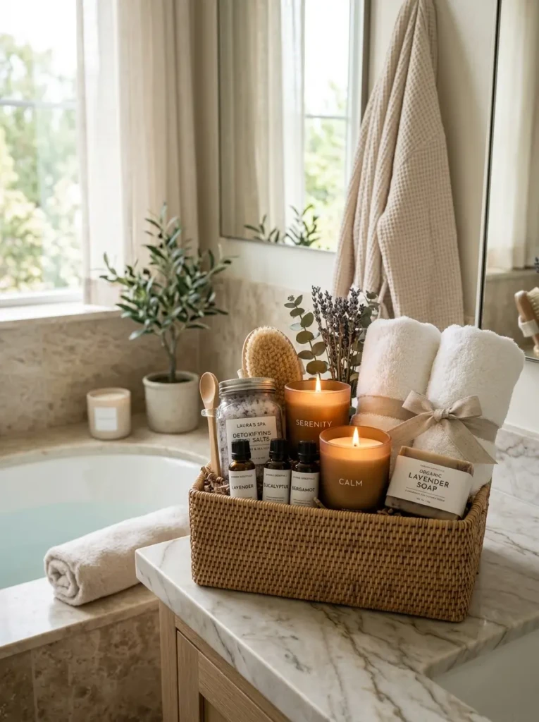 A spa-themed basket with candles, bath salts, towels, and essential oils in a calming bathroom environment