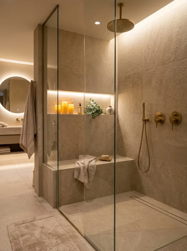 Modern neutral bathroom shower with beige stone tiles, frameless glass, and built-in bench.