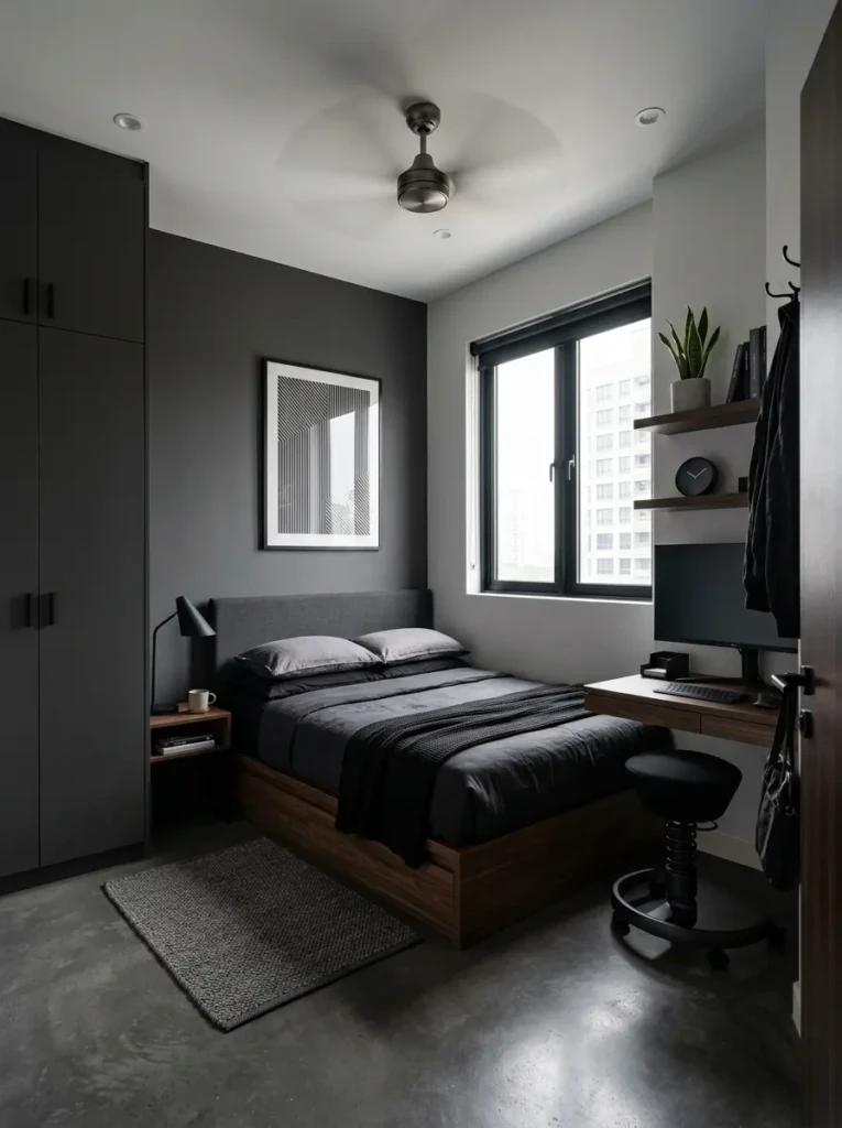 Minimalist masculine small bedroom with dark tones and sleek furniture