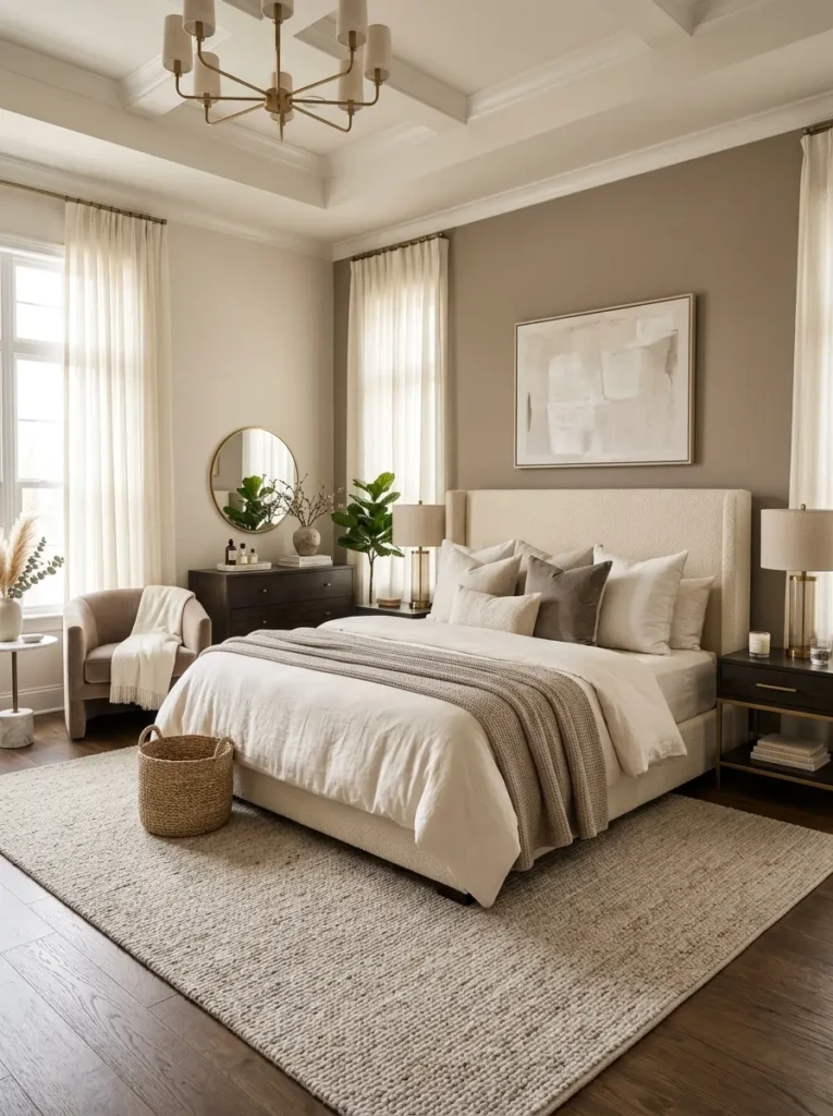 Luxury bedroom master in cream, taupe, and ivory tones with warm elegant styling and soft textures.