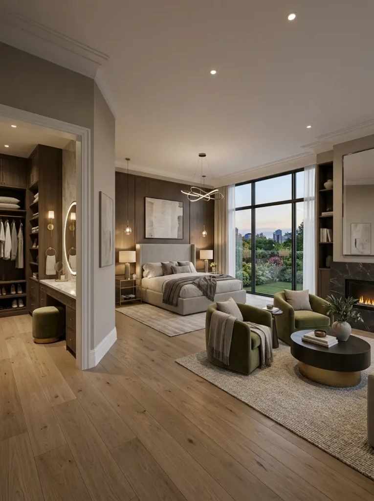 Spacious master suite with sleeping, seating, and dressing areas in a cohesive layout.