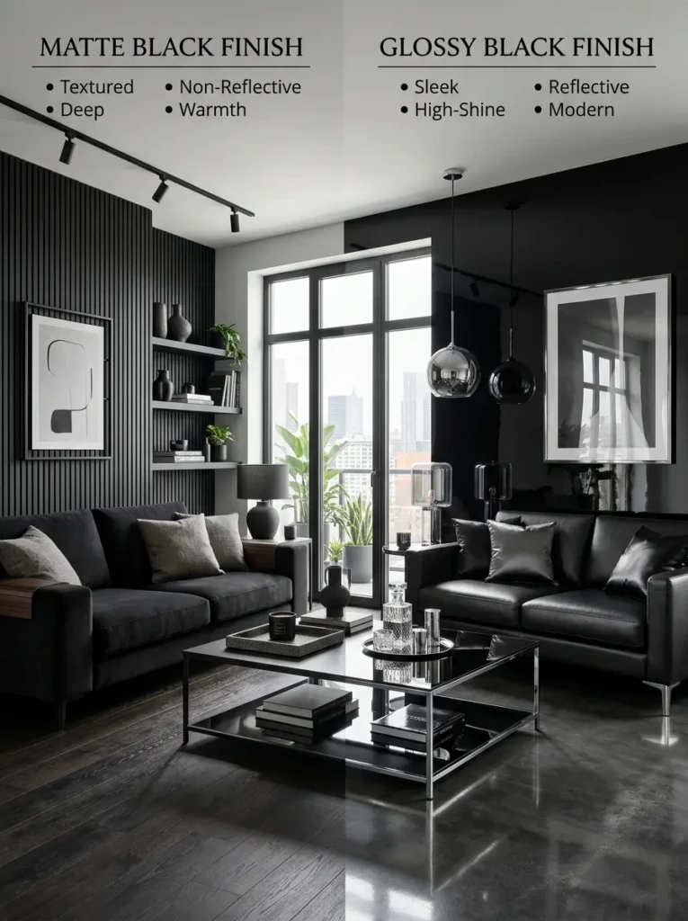 black living room with large windows and layered lighting creating a bright and balanced interior