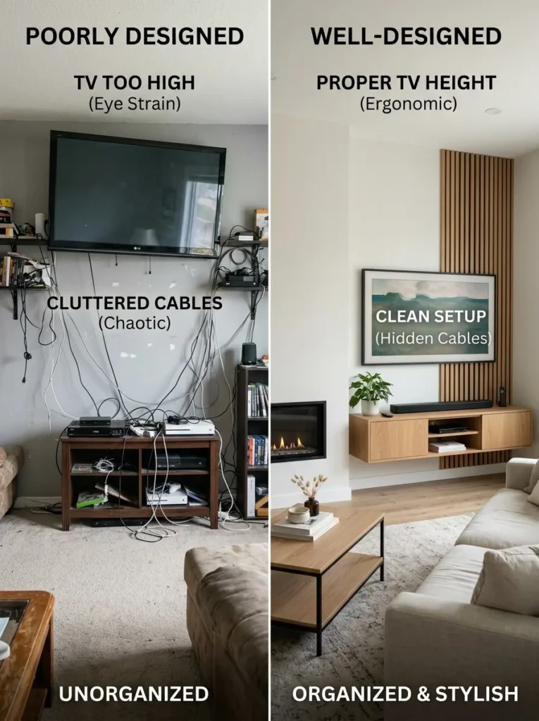 Comparison showing poorly designed media wall with visible cables versus a clean and organized setup