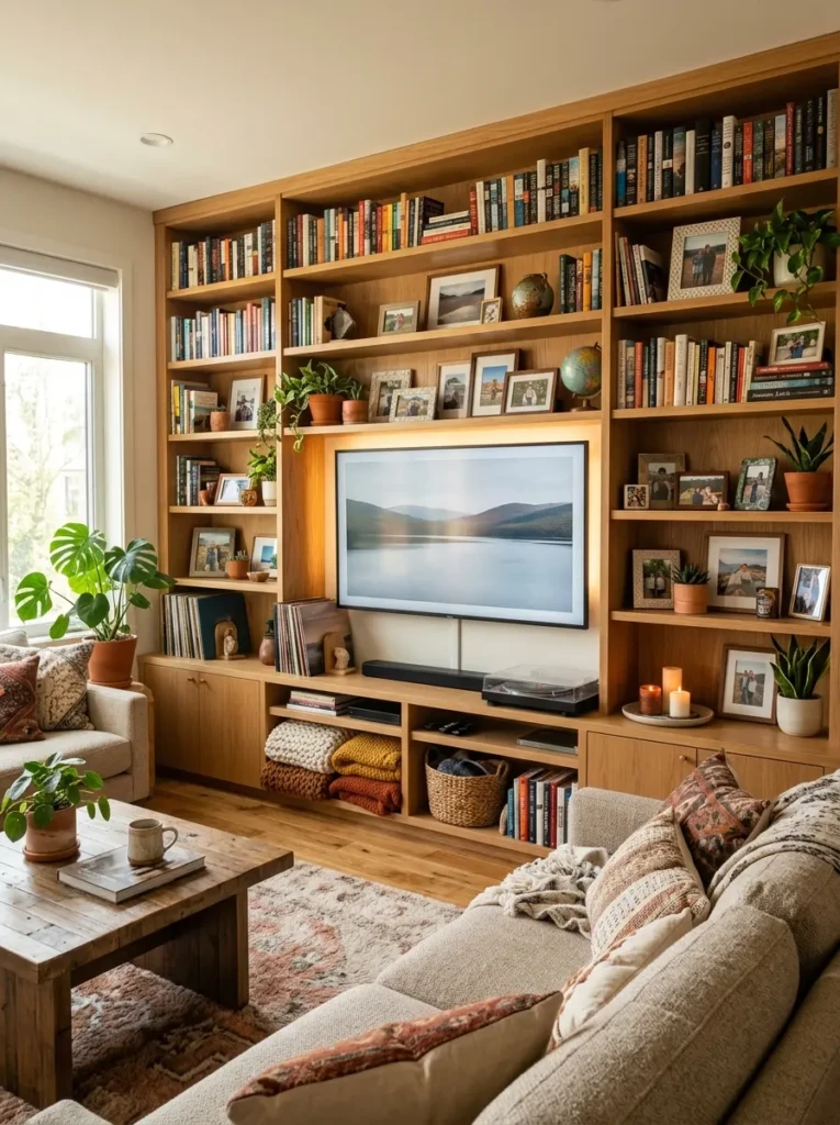 Media wall decorated with books, plants, and personal items creating a cozy and unique space